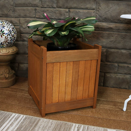 Sunnydaze Meranti Wood Outdoor Planter Box with Teak Oil Finish, 16-Inch