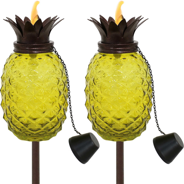 Sunnydaze Tropical Pineapple 3-in-1 Adjustable Height Yellow Glass Outdoor Torches - Set of 2