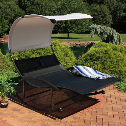 Sunnydaze Double Chaise Rocking Lounge Chair with Canopy and Headrest Pillows, Black