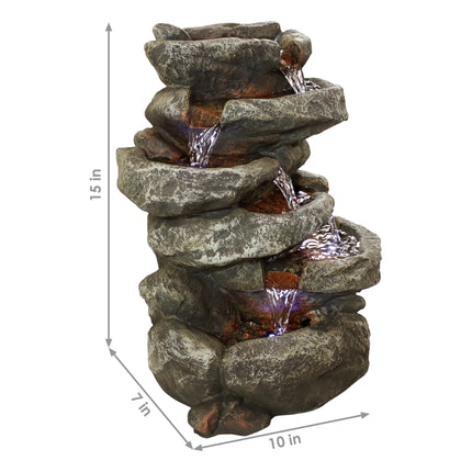 Sunnydaze 6-Tier Stone Falls Tabletop Water Fountain with LED Light, 10 Inches Wide x 15 Inch Tall