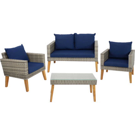 Sunnydaze Clifdon 4-Piece Rattan and Acacia Outdoor Patio Furniture Set with Navy Blue Cushions