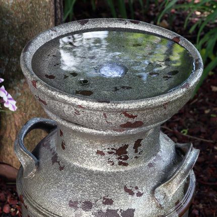 Sunnydaze Farmhouse Vintage Milk Can Birdbath Outdoor Fountain with LED Light, 20-Inch Tall