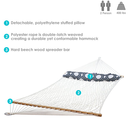 Sunnydaze 2 Person Polyester Rope Hammock with Spreader Bars and Pillow, White, 400 Pound Capacity