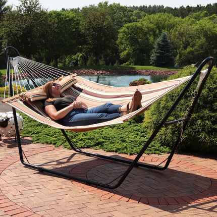 Sunnydaze Quilted Double Fabric 2-Person Hammock with Multi-Use Universal Steel Stand, Sandy Beach, 450 Pound Capacity