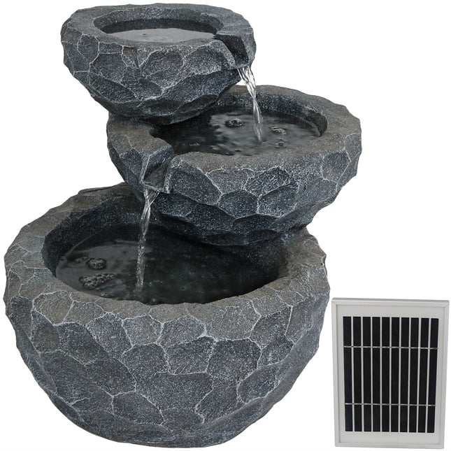 Sunnydaze 3-Tier Chiseled Basin Solar with Battery Backup Garden Fountain, 17 Inches, Includes Battery Pack