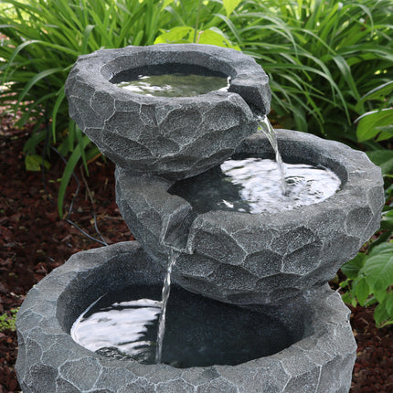 Sunnydaze 3-Tier Chiseled Basin Solar with Battery Backup Garden Fountain, 17 Inches, Includes Battery Pack