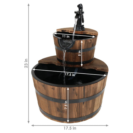 Sunnydaze Country 2-Tier Wood Barrel Water Fountain with Hand Pump, 23-Inch Tall