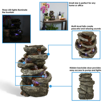 Sunnydaze 6-Tier Stone Falls Tabletop Water Fountain with LED Light, 10 Inches Wide x 15 Inch Tall