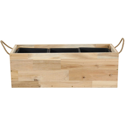 Sunnydaze Rectangle Acacia Wood Tray Planter with Handles and 3 Removable Plastic Liners