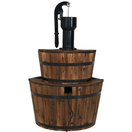 Sunnydaze Rustic 2-Tier Wood Barrel Water Fountain with Hand Pump, 37-Inch Tall