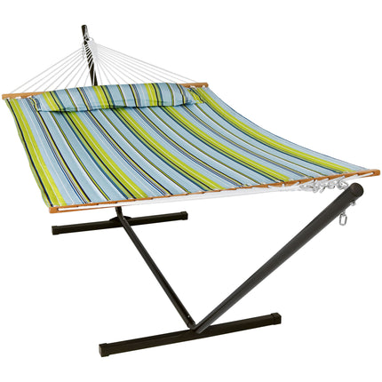 Sunnydaze 2 Person Freestanding Quilted Fabric Spreader Bar Hammock, Choose 12 or 15 Foot Stand, Blue and Green