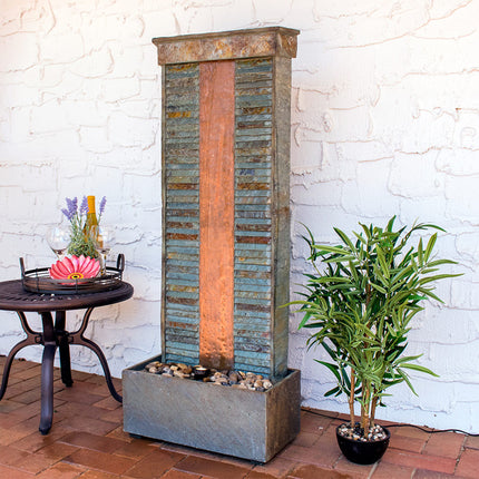 Sunnydaze Rippled Slate Indoor/Outdoor Water Fountain with Copper Accents and LED Spotlight, 48 Inch Tall