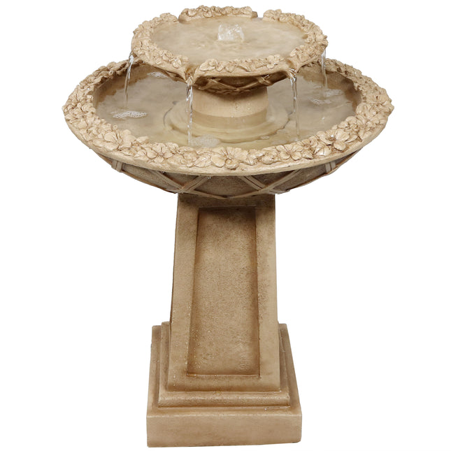 Sunnydaze Beveled Flower 2-Tier Birdbath Water Fountain, 28 Inch Tall