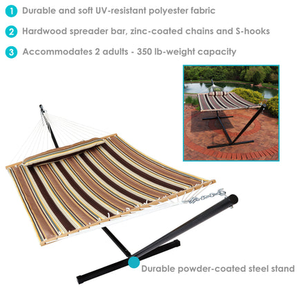 Sunnydaze 2 Person Freestanding Quilted Fabric Spreader Bar Hammock, Choose from 12 or 15 Foot Stand, Sandy Beach