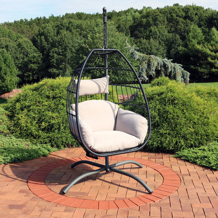 Sunnydaze Oliver Hanging Egg Chair with Steel Stand Set, Resin Wicker and Nylon Rope, Modern Design, Outdoor Use, Includes Cushions