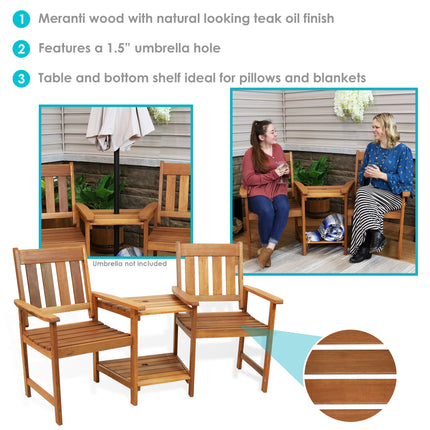 Sunnydaze Meranti Wood with Teak Oil Finish Outdoor Jack-and-Jill Chairs with Attached Table, 65-Inch