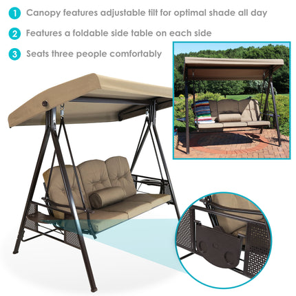 Sunnydaze 3-Person Steel Frame Outdoor Adjustable Tilt Canopy Patio Swing with Side Tables, Cushions and Pillow