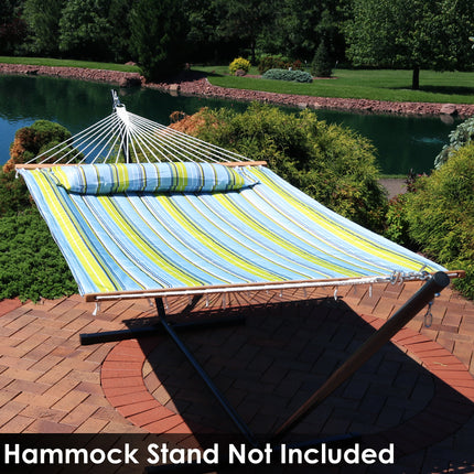 Sunnydaze 2 Person Quilted Fabric Hammock with Spreader Bars, Blue and Green