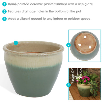 Sunnydaze Chalet Ceramic Flower Pot Planter with Drainage Holes - High-Fired Glazed UV and Frost-Resistant Finish - Outdoor/Indoor Use -15-Inch