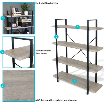 Sunnydaze 4-Tier Book Shelf - Industrial Style with Freestanding Open Shelves with Veneer Finish