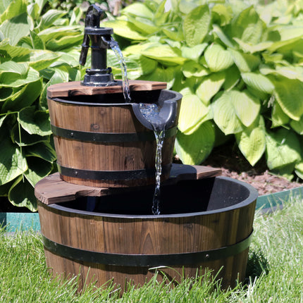 Sunnydaze Country 2-Tier Wood Barrel Water Fountain with Hand Pump, 23-Inch Tall
