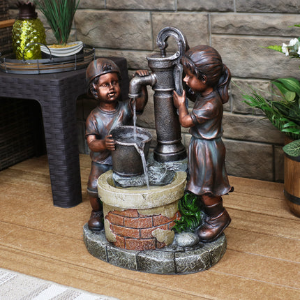 Sunnydaze Jack and Jill at Farmhouse Pump and Well Outdoor Water Fountain, 24-Inch