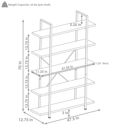 Sunnydaze 5-Tier Book Shelf - Industrial Style with Freestanding Open Shelves with Veneer Finish