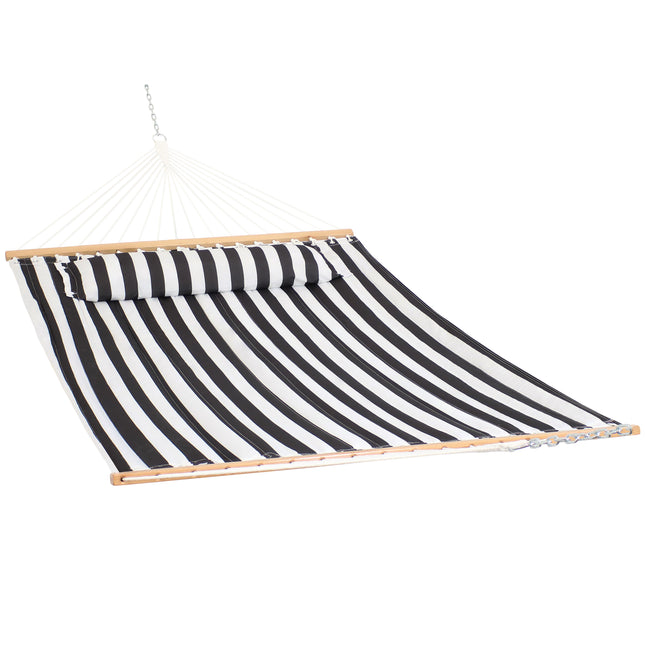 Sunnydaze 2 Person Quilted Fabric Hammock with Spreader Bars and Pillow - Black and White