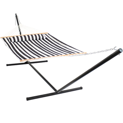 Sunnydaze 2 Person Freestanding Quilted Fabric Spreader Bar Hammock with Pillow, Choose 12 or 15 Foot Stand, Black and White