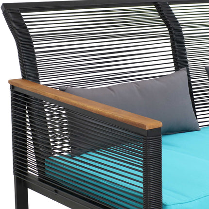 Sunnydaze Coachford 4-Piece Black Resin Rattan Outdoor Patio Furniture Set with Blue Cushions