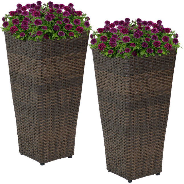 Sunnydaze Tall Square Brown Indoor/Outdoor Polyrattan Planters - Set of 2