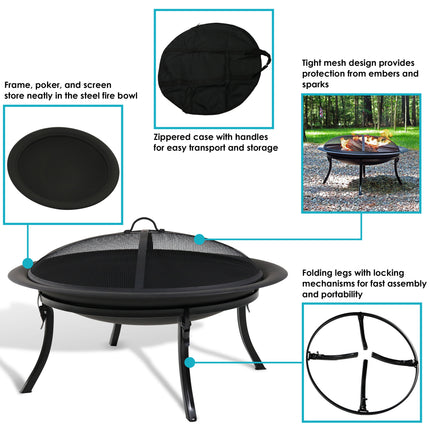 Sunnydaze 29 Inch Portable Folding Fire Pit with Carrying Case and Spark Screen