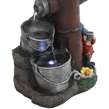 Sunnydaze Fire Hydrant Gnomes Outdoor Water Fountain with LED Light, 16-Inch