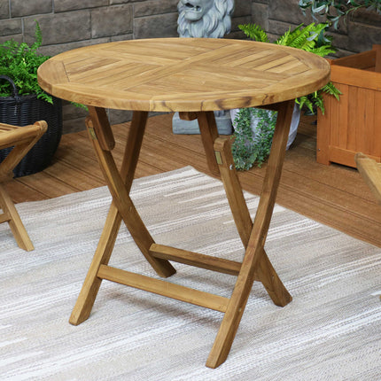 Sunnydaze Round Folding Solid Teak Outdoor Dining Table - 31-Inch - Light Wood Stain Finish
