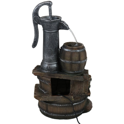 Sunnydaze Cozy Farmhouse Pump and Barrels Outdoor Fountain with LED Lights, 23-Inch