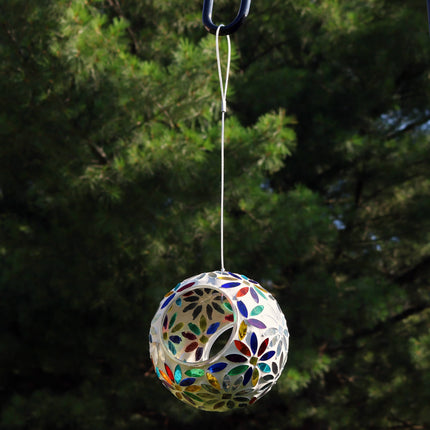 Sunnydaze Rainbow Daisies Mosaic Glass Fly-Through Hanging Bird Feeder, 6-Inch