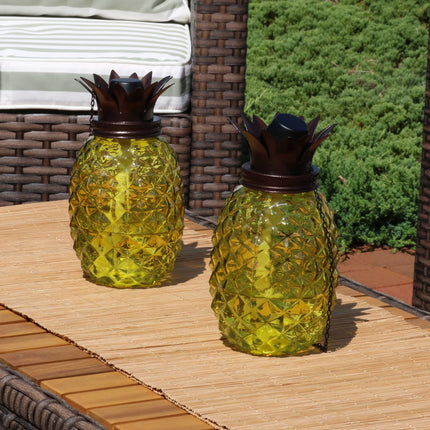 Sunnydaze Tropical Pineapple 3-in-1 Adjustable Height Yellow Glass Outdoor Torches - Set of 2