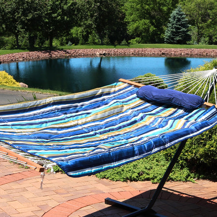 Sunnydaze Lakeview Cotton Rope Hammock with 12 Foot Steel Stand, Pad and Pillow, 275 Pound Capacity