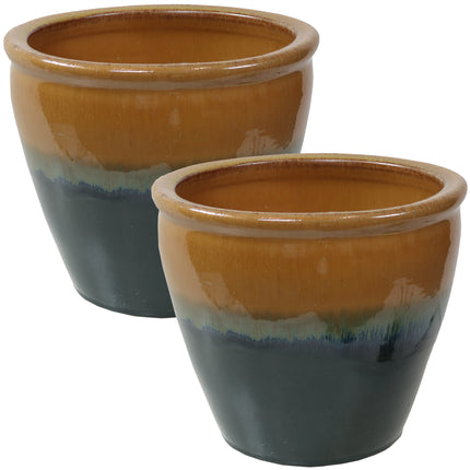 Sunnydaze Chalet Ceramic Flower Pot Planter with Drainage Holes - Set of 2 - High-Fired Glazed UV and Frost-Resistant Finish - Outdoor/Indoor Use