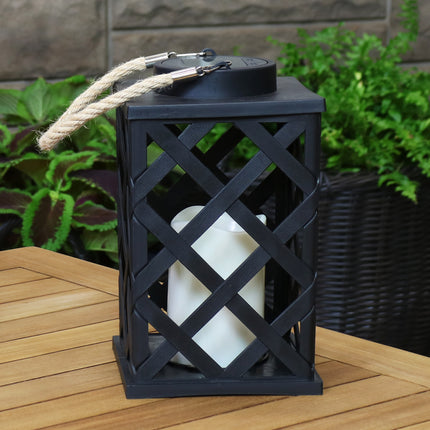 Sunnydaze Modern Crosshatch Outdoor Solar LED Decorative Candle Lantern, 9-Inch