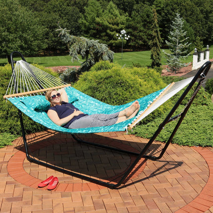 Sunnydaze 2-Person Quilted Printed Fabric Spreader Bar Hammock and Pillow - Tropical Prints