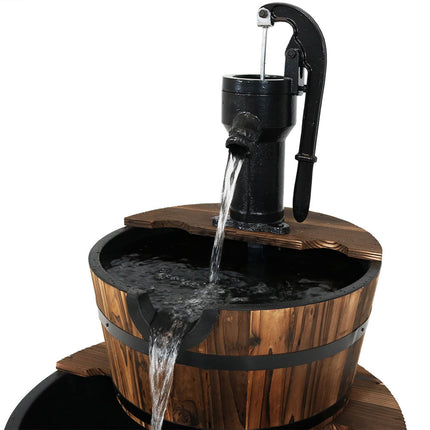 Sunnydaze Rustic 2-Tier Wood Barrel Water Fountain with Hand Pump, 37-Inch Tall