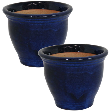 Sunnydaze Studio Set of 2 Ceramic Flower Pot Planter with Drainage Hole - High-Fired Glazed UV and Frost-Resistant Finish - Outdoor/Indoor Use
