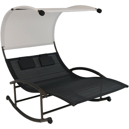 Sunnydaze Double Chaise Rocking Lounge Chair with Canopy and Headrest Pillows, Black