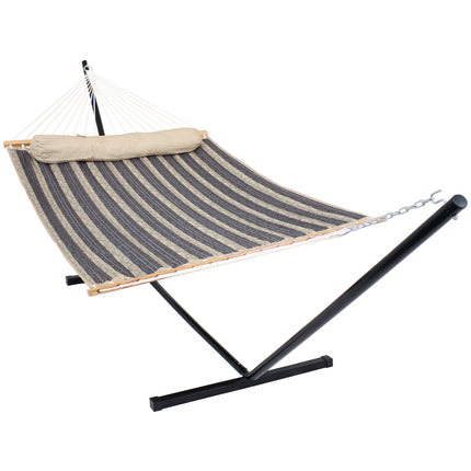 Sunnydaze 2 Person Freestanding Quilted Fabric Spreader Bar Hammock, Choose from 12 or 15 Foot Stand, Mountainside