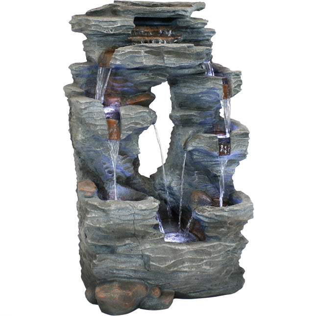 Sunnydaze Dual Cascading Rock Falls Outdoor Garden Water Fountain with LED Lights, 39-Inch