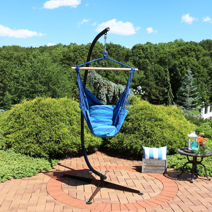 Sunnydaze Hanging Hammock Chair Swing and C-Stand Set, for Outdoor Use, Max Weight: 265 pounds, Includes 2 Seat Cushions
