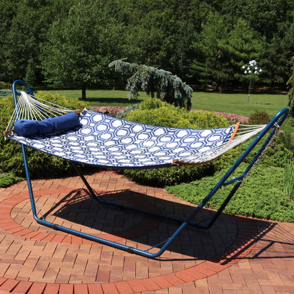 Sunnydaze 2-Person Curved Spreader Bar Hammock with Blue Multi-Use Universal Steel Stand, Blue and Gray Octagon, 450 Pound Capacity