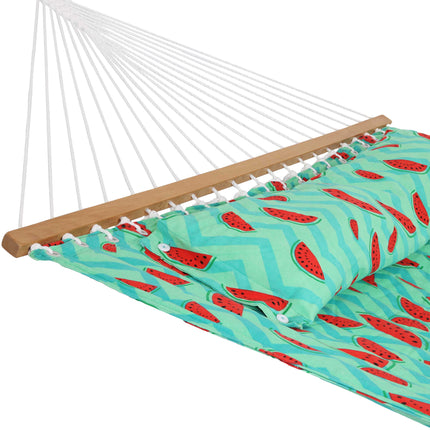Sunnydaze 2-Person Quilted Printed Fabric Spreader Bar Hammock and Pillow - Watermelon and Chevron