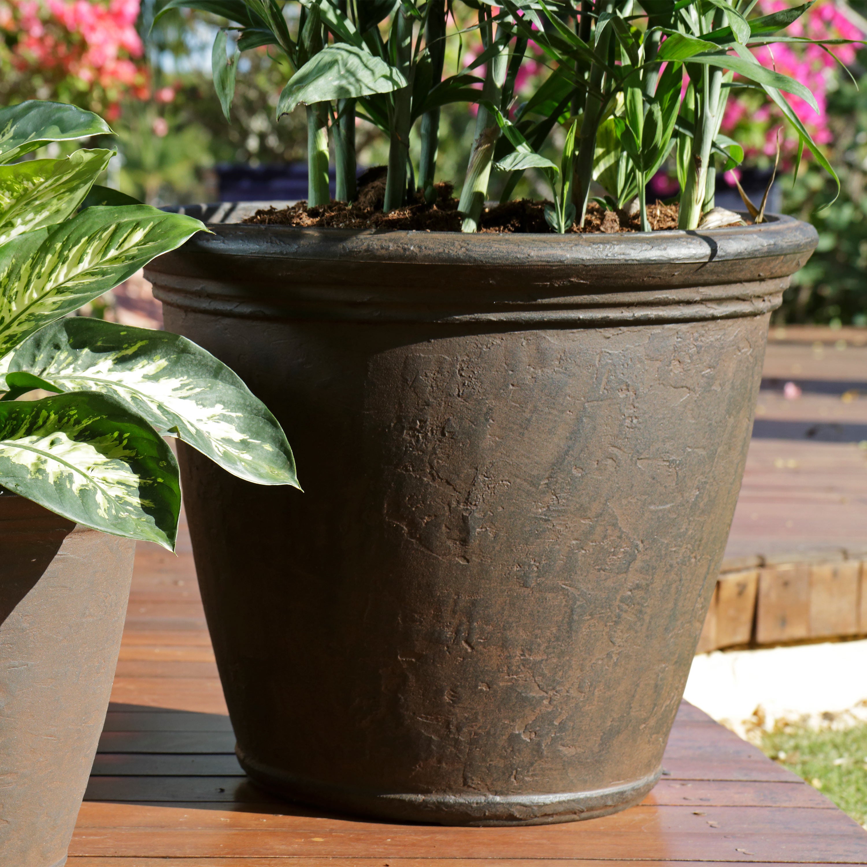 sunnydaze anjelica flower pot planter Sunnydaze Anjelica Indoor and Outdoor Resin Planter with Rust Finish, 24-Inch Diameter – Serenity Health & Home Decor
